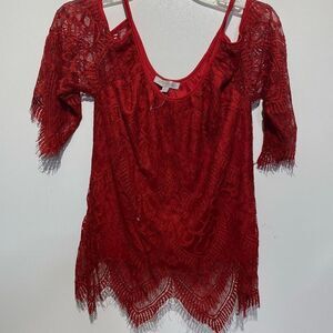 Ultra Pink Women's Red Cold Shoulder Fringe Lined Lace Blouse Size Small NWT